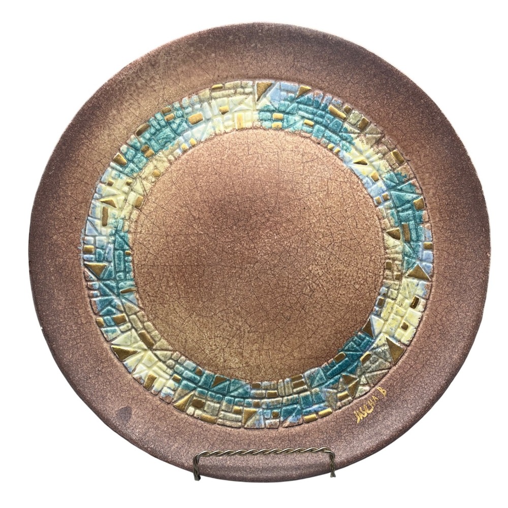 Vtg Mid Century Sascha Brastoff MCM crackle Mosaic Plate Sascha B Teal w gilt M9